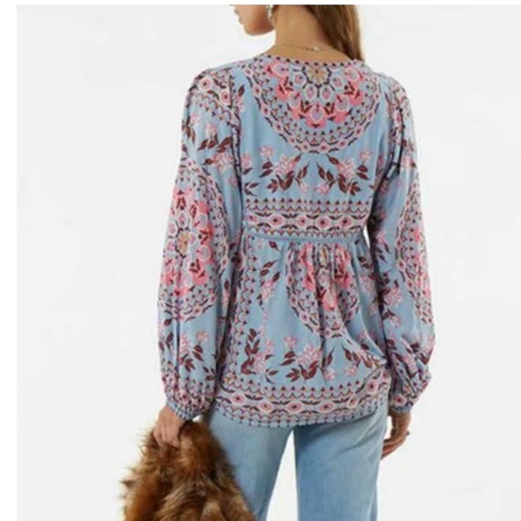 Boho gypsy lace up floral print blue top - Picture 2 of 5